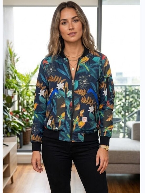 the thing Jackets & Blazers - The Thing Tropical Floral Bomber Jacket in Navy with Multicolor Birds Unisex